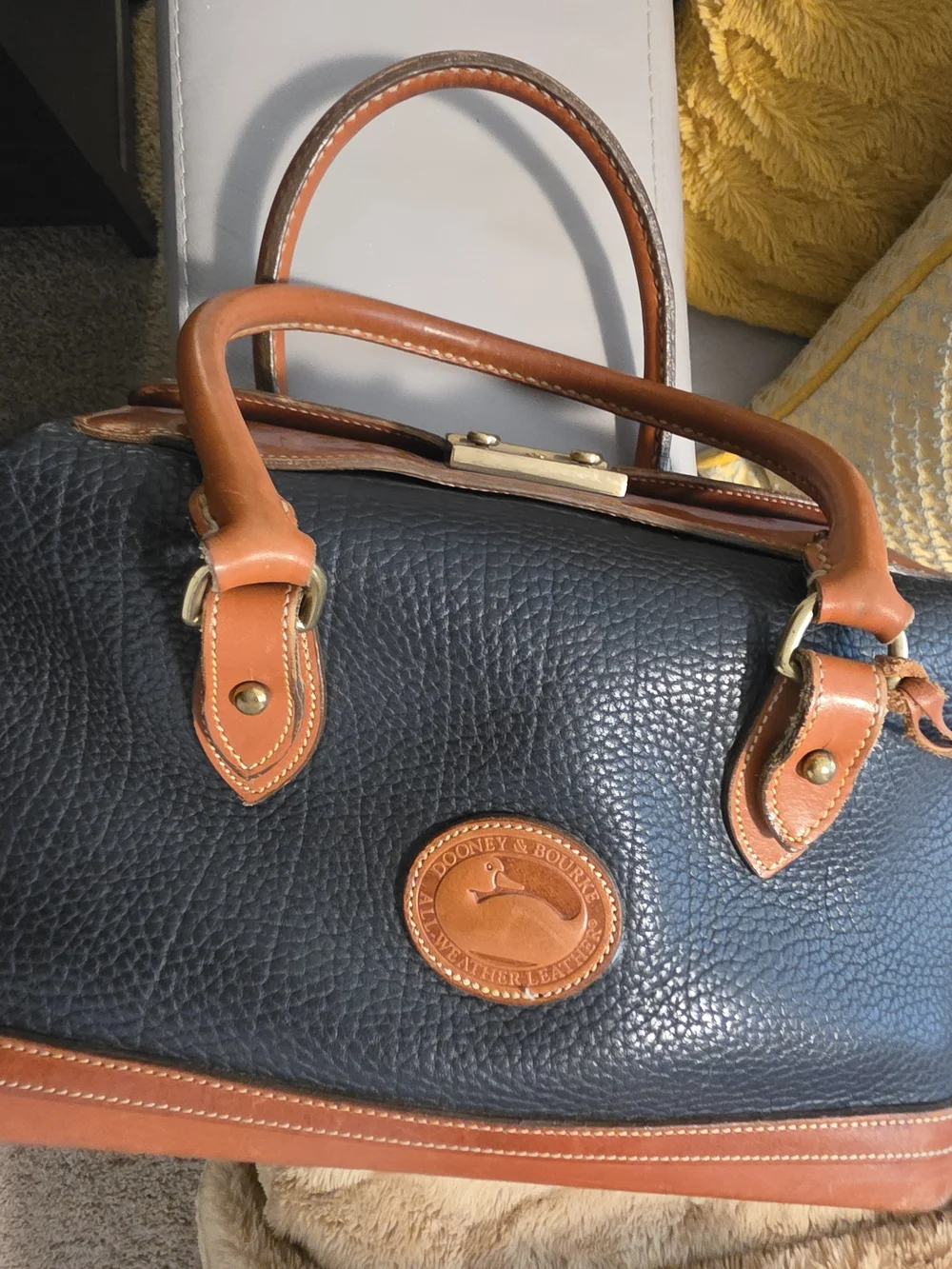 Vintage Dooney & Bourke All-Weather Leather Navy & British Tan Satchel